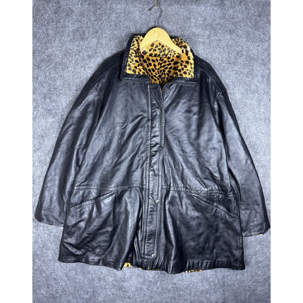 Vintage Laura Winston Leather Jacket Black Leopard Print Parka Women Small